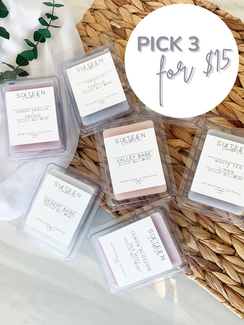 May include: Sixteen Candle Co. offers a selection of six soy wax melts in clear plastic containers. The scents include Sheer Vanilla Orchid, Tobacco Vanilla, Valley Babe, Desert Babe, White Tea Linen, and Lemon Blossom Sea Mist.  Pick 3 for $15.