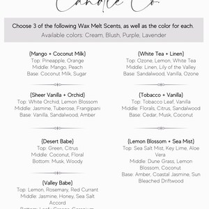May include: A list of wax melt scents and their corresponding notes. The scents are: Mango + Coconut Milk, White Tea + Linen, Sheer Vanilla + Orchid, Tobacco + Vanilla, Desert Babe, Lemon Blossom + Sea Mist, Valley Babe. The text also includes a note that if a scent and/or color is not chosen, one will be chosen for the customer.