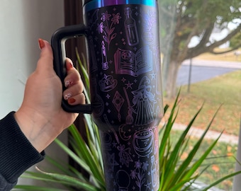 Vaso con asa de 40 oz, cromado, azul y morado, de poción de bruja