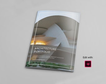 May include: A gray and white architectural portfolio cover with a photo of a modern building with a curved roof. The text "ARCHITECTURE PORTFOLIO" is in white on a gray background. The text "Lorem ipsum dolor sit amet, consectetur adipiscing elit, sed do eiusmod tempor incididunt ut labore et dolore magna aliqua." is in white on a gray background. The text "www.architecturestudio.com" is in white on a gray background. The text "Edit with: Id" is in white on a gray background.