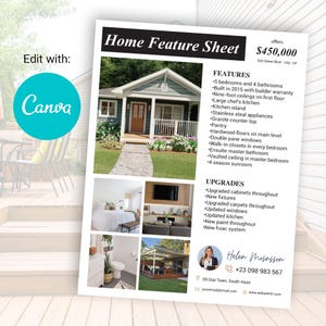 Real Estate Home Feature Sheet Flyer Template,  Real Estate Templates, Just Listed, House Feature Sheet, Home Features, Canva