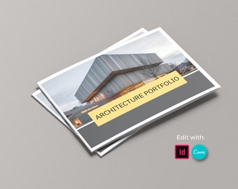 May include: A grey and white brochure featuring a photograph of a contemporary building with the text "ARCHITECTURE PORTFOLIO" in yellow on a grey background. The brochure is folded in half and the bottom edge is visible. The text "Edit with:  Id Canva" is below the brochure.