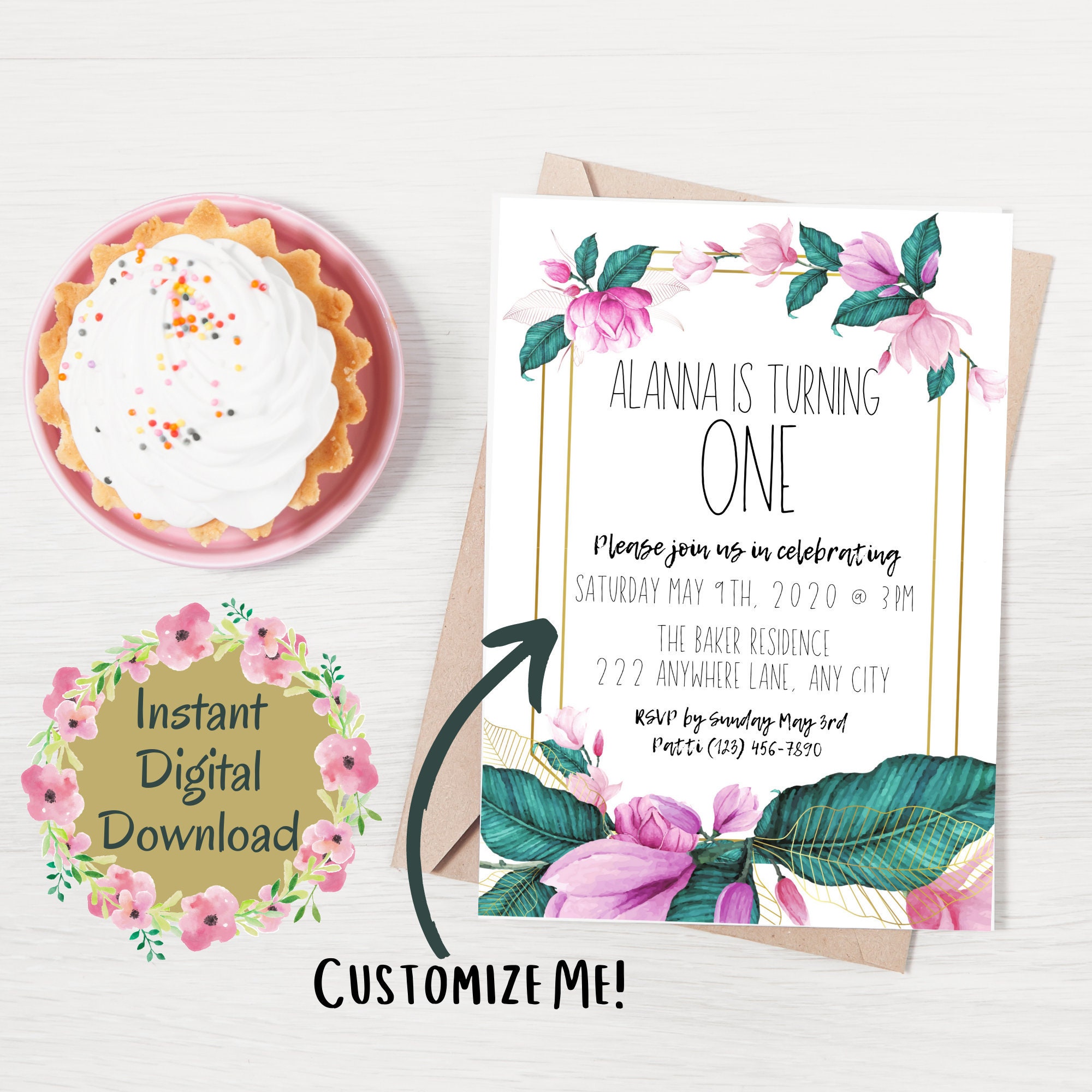 Editable First Birthday Invitation Floral Pink 1st One Etsy