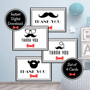 DRUCKBARE Set von 4 Baby Shower Dankeskarten, kleiner Mann, Schnurrbart, DIY, Danke, Sofort Download, Digital, druckbar