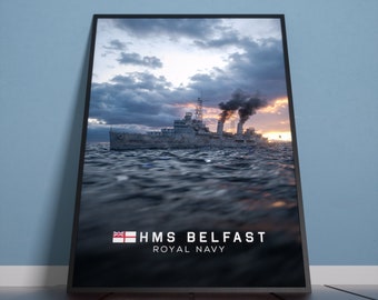 May include: A black and white photo of a ship, the HMS Belfast, sailing on the water. The ship is emitting smoke from its stacks. The sky is cloudy with a sunset in the background. The text "HMS BELFAST ROYAL NAVY" is at the bottom of the image.