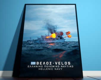 May include: A black framed photograph of a Greek Navy ship firing its cannons. The ship is called "VELOS" and the text "ΕΛΛΗΝΙΚΟ ΠΟΛΕΜΙΚΟ ΝΑΥΤΙΚΟ HELLENIC NAVY" is below the ship.