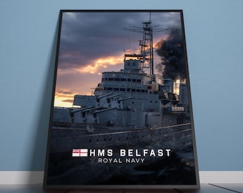 May include: A black and white photo of the HMS Belfast, a Royal Navy cruiser, with smoke billowing from its stacks. The ship is in the water with a cloudy sky in the background. The text "HMS BELFAST ROYAL NAVY" is at the bottom of the image.