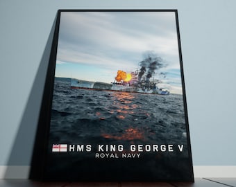 May include: A black and white photo of the HMS King George V battleship, a Royal Navy ship, with smoke and flames coming from the ship's deck. The ship is sailing on a calm sea with a cloudy sky in the background.