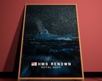 May include: A framed print of a black and white photograph of a ship sailing through a stormy sea. The ship is labeled "HMS Renown Royal Navy".