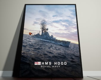 May include: A black and white photo of the HMS Hood, a British battleship, sailing on the ocean. The ship is sailing towards the right side of the image. The ship is leaving a trail of smoke behind it. The sky is cloudy and the water is choppy. The text "HMS HOOD ROYAL NAVY" is at the bottom of the image.