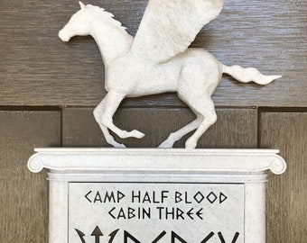 Camp Half Blood personalized bedroom door sign, Percy Jackson inspired, marble-look Greek God pedestal with Pegasus wall decor