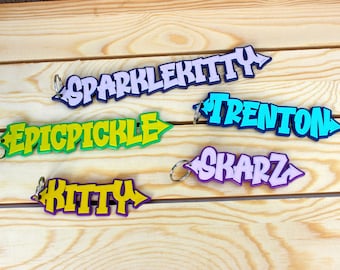 Graffiti-style backpack name tag or keychain - personalized custom badge, party favor, back to school lanyard, luggage tag