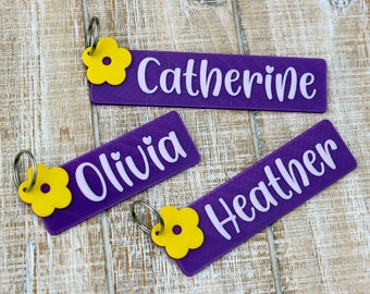 Daisy backpack name tag or keychain - personalized custom badge, party favor, back to school lanyard, luggage tag, purple