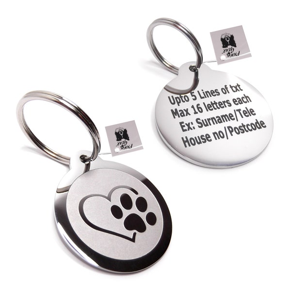 PawGear Pet ID Tags Personalised Engraved Polished Stainless Steel Paw Heart Design Round Dog Cat