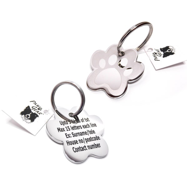 PawGear Pet ID Tags Personalised Engraved Polished Stainless Steel Paw Dog Cat