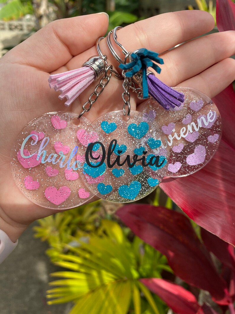 Personalized Acrylic Keychain Hearts Glitter Name Etsy
