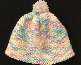 Pastel MultiColored Hat with Pom Pom for Child or Adult- Pink Rainbow Skull Cap Beanie Winter Hat