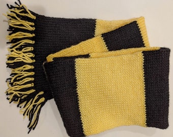 Scarf- Yellow & Black- 6ft Long- Halloween Wizard Bumblebee / Pittsburgh Boston Iowa Indiana Sports- Knit Yarn Handmade Soft Warm Winter