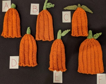 Pumpkin Hats!  Knit Cap for Baby/Child/Kid/Toddler.  Orange & Green.  Thanksgiving, Halloween, Cute, Costume, Decorative, Silly, Holiday Fun
