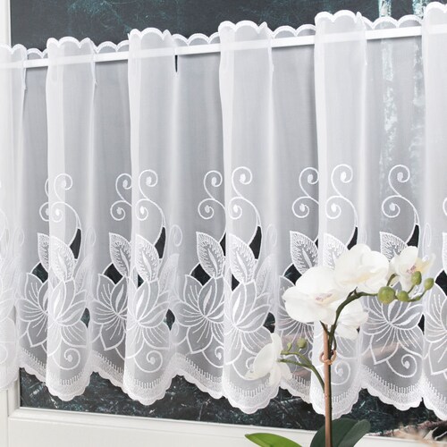 DEEP EMBROIDERED FLORAL BASE VIENNA WHITE LACE NET CURTAIN SOLD BY THE METRE DEEP EMBROIDERED FLORAL BASE VIENNA WHITE LACE NET CURTAIN SOLD BY THE METRE