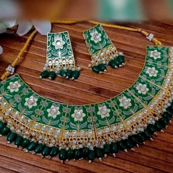 New india Jewelry Gold Bollywood Necklace Set Earring Choker Wedding Engagement green color primium polaki meenakari kundan