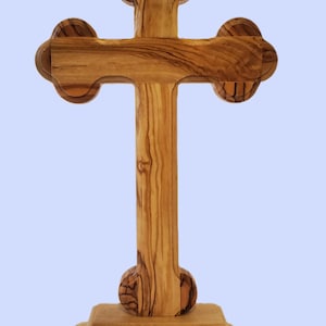 Hand Carved Olive Wood Celtic Style Cross with Beveled Edges with Table Stand