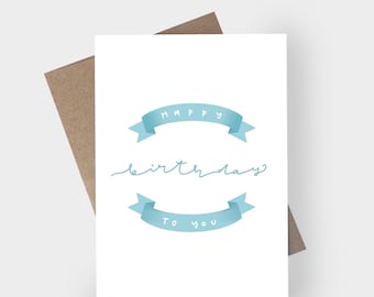 Hand-Drawn Happy Birthday Greeting Card: Blue Ribbon Design