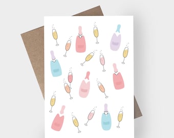 Happy Birthday, Anniversary, New Year, Wedding Champagne Hand-Drawn Greeting Card, Gift Card Holder, Envelope Seal - Bundles Available!