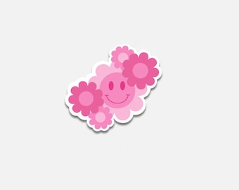 Hand-Drawn Flowers and Smiley Sticker - Pink
