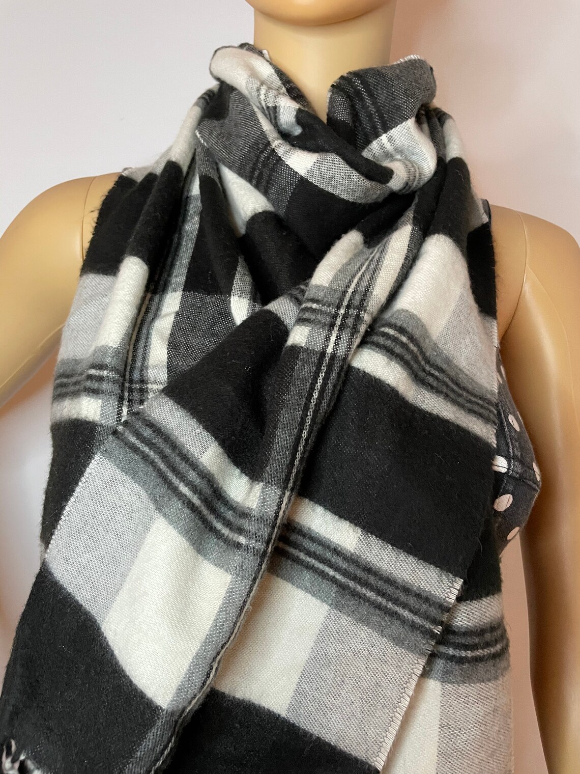 Black white gray plaid super soft scarf fringe | Etsy