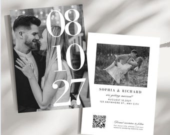 Plantilla moderna minimalista para guardar la fecha con foto / Anuncio de boda editable en Canva Guardar los datos