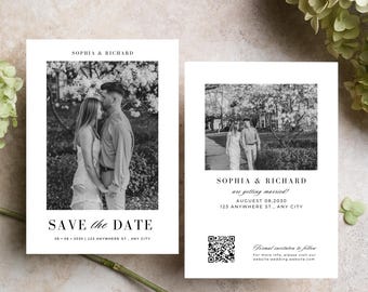 Plantilla moderna para guardar la fecha con foto / Boda minimalista (Canva editable)