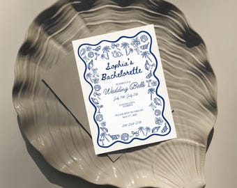 Invitación de despedida de soltera costera / Plantilla de Canva con conchas marinas (descarga digital)