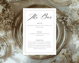 Plantilla de menú de bar de bodas elegante / Minimalista imprimible (Canva)