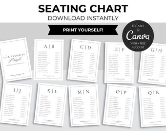 Plantilla minimalista de plano de asientos para bodas • Canva editable y ordenado alfabéticamente (descarga digital)