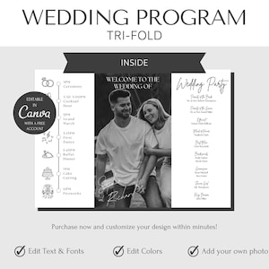Editable Tri-Fold Wedding Program | Modern Photo Template (Canva, Instant Download)