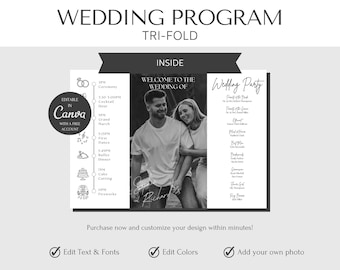 Programa de boda tríptico editable / Plantilla fotográfica moderna (Canva, descarga instantánea)