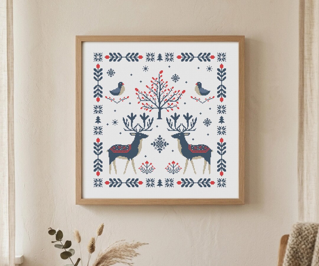 Scandinavian Winter Cross Stitch Pattern PDF, Nordic Folk Art Reindeer ...