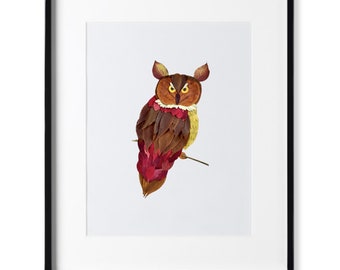 Eule Druck, aus Laub Artikel, Natur Druck, handgefertigt