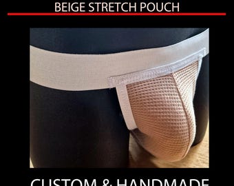 Slim & Trim Jock with Soft Beige Stretch Pouch, Handmade Athletic Supporter with White Waistband and 3/4" Wide Leg Straps