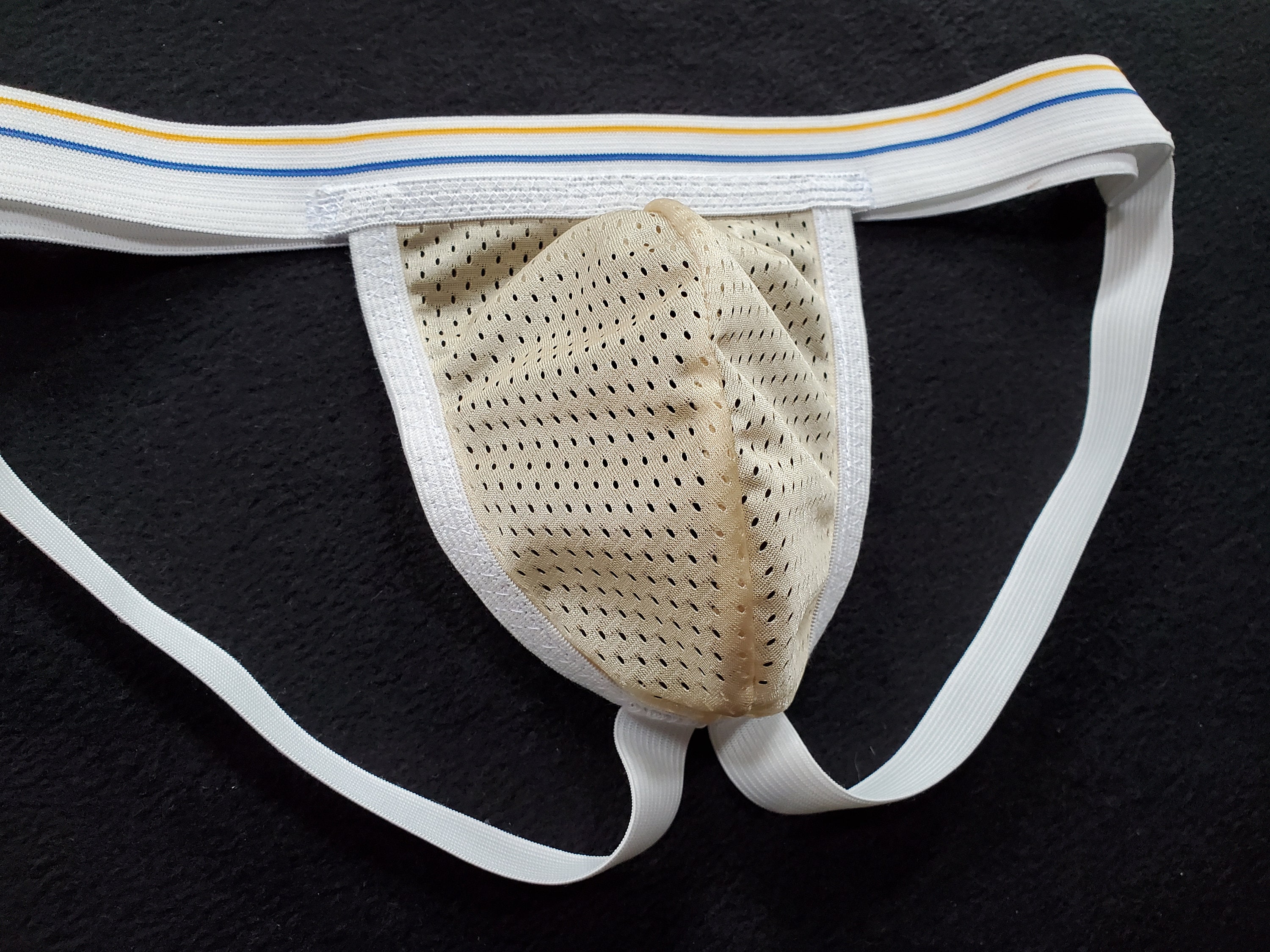 Gold Mesh Sport Jock, White Waistband With Yellow and Blue Stripes, Lightweight Jockstrap