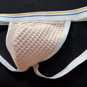 Pink Pouch, Vintage Jock, Traditional Jockstrap Athletic Supporter, Waffle Fabric, Handmade, Soft Pouch, Blue and Orange Waistband