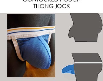 Contoured Mesh Pouch Thong Jock for Well-Endowed Men Erections Extra Room, White Waistband with Yellow and Blue Stripes, Larger Pouch