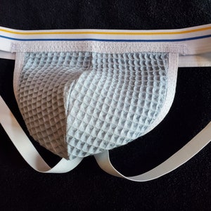 Super Soft Blue Waffle Pouch, Traditional Jockstrap Style, Athletic Supporter, Handmade, Comfortable Pouch, Blue and Orange Waistband