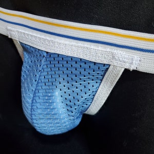 Retro Slim Blue Mesh Jockstrap, Jock, Athletic Supporter, Blue See-Through Performance Fabric, Handmade, 1 1/4&quot; waistband, 3/4&quot; leg straps