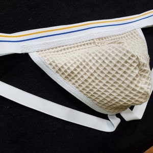 Vintage Jock,  Super Soft Traditional Jockstrap Athletic Supporter, Handmade, Soft Comfortable Pouch, Cool Design, Blue and Orange Waistband