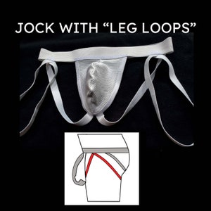 May include: White jockstrap with leg loops. The jockstrap has a mesh pouch and adjustable straps. A diagram shows how the leg loops are worn.