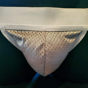Modern Pouch Mesh Jock with White Waistband and Wide Leg Straps, Handmade Jockstrap Athletic Supporter See-Through Cupping Supportive Pouch