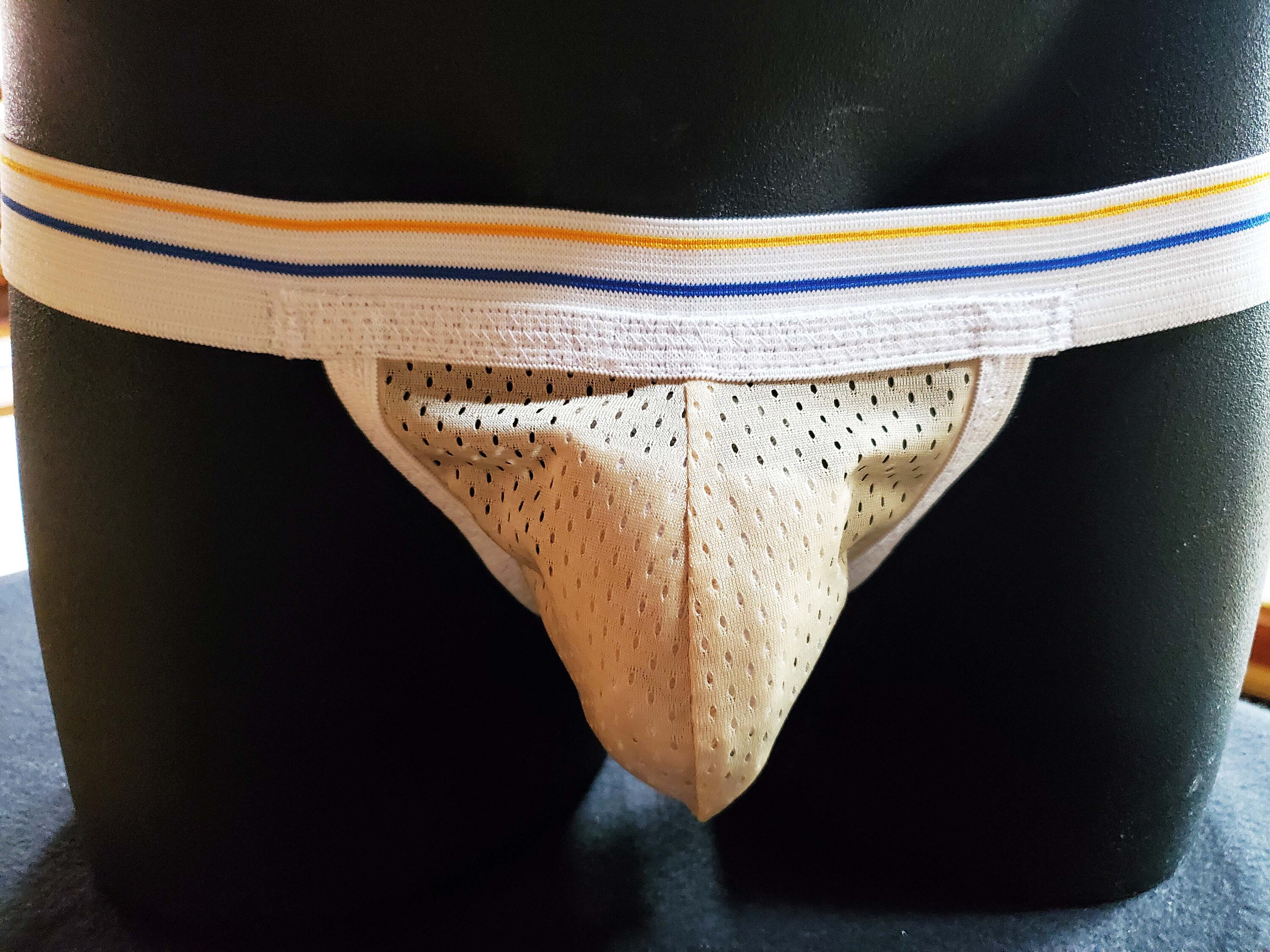Gold Mesh Sport Jock, White Waistband With Yellow and Blue Stripes
