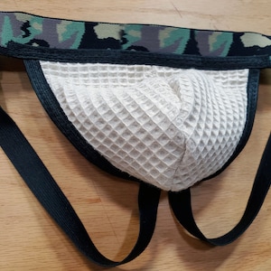 Camo Jock with Retro Style Waffle Pouch, Camouflage Jockstrap, 1 1/2&quot; Waistband with 3/4&quot; Leg Straps, Black Accent Trim, Military